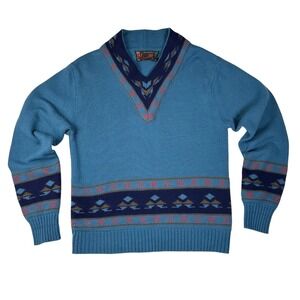 Vintage Sigallo Mens Blue V-Neck Sweater Southwestern Pattern Acrylic Size S